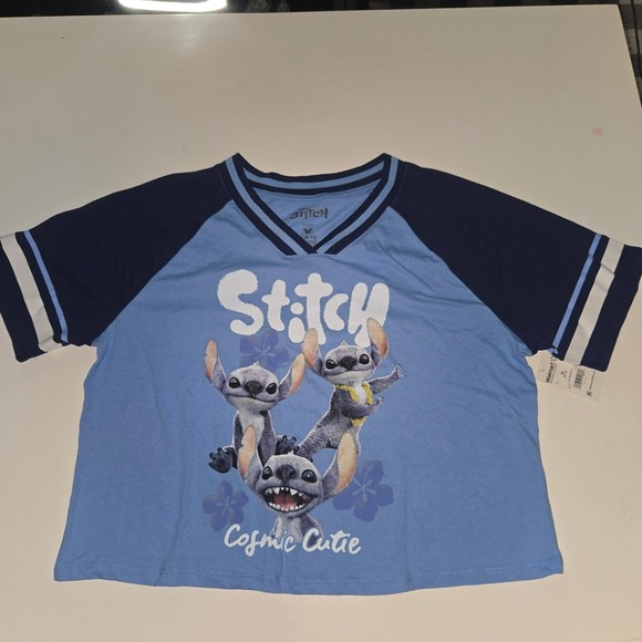 Disney Tops - Disney Stitch Cosmic Cutie Blue Raglan V-Neck Crop T-Shirt Womens Medium NWT